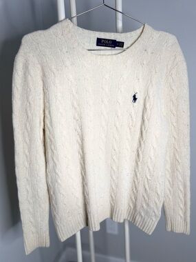 Ralph Lauren Cream Cable-Knit Crewneck Sweater with Navy Pony